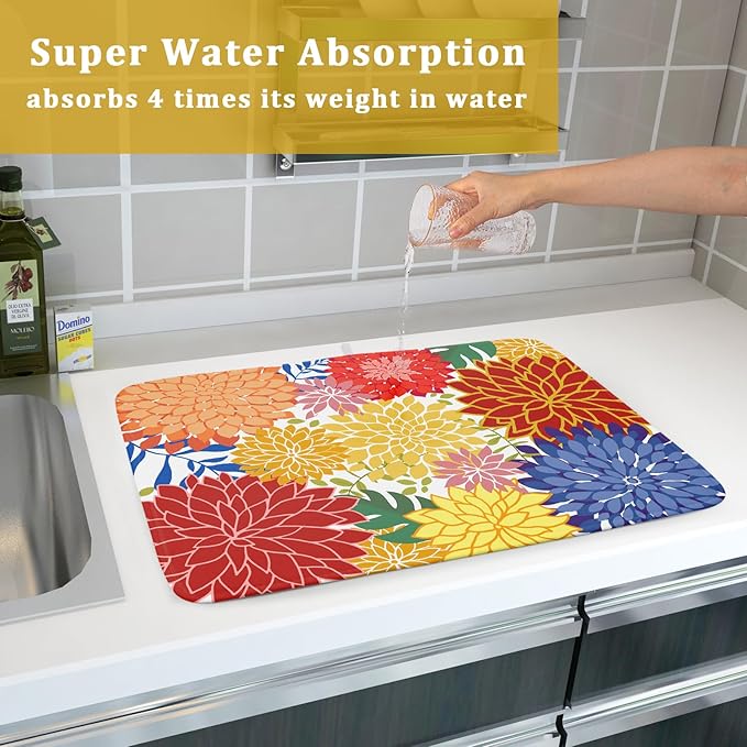 Modern Floral Dish Drying Mat Large Multicolored Tropical Drying Pad for Kitchen Counter - Image 7