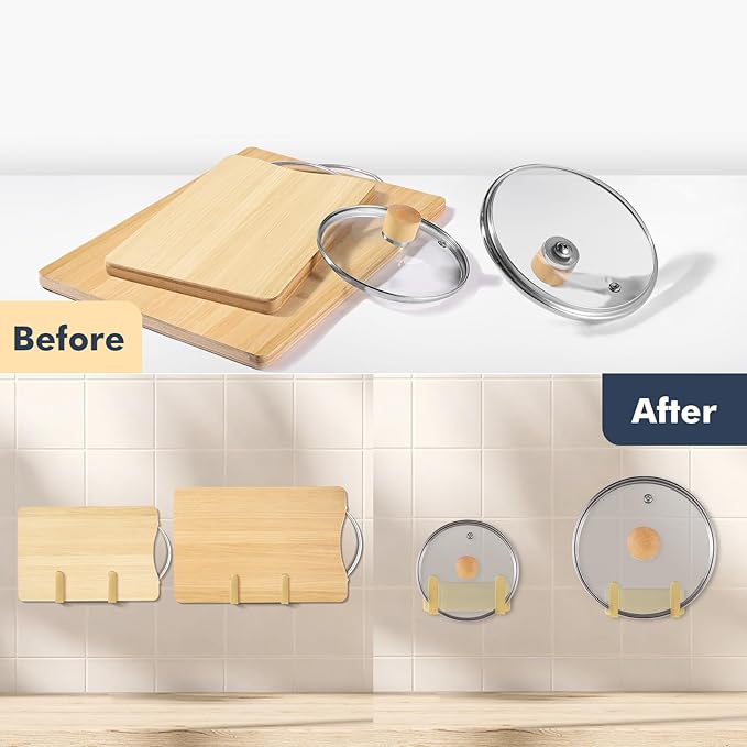 Pot Lid Rack, Wall Mounted 304 Stainless Steel Pan Lid Organizer Holder, Self Adhesive, Kitchen Cooking Utensil Tool(Gold,Set of 2) - Image 7