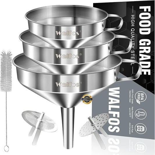 Stainless Steel Funnel, Walfos 3 Pack Kitchen Funnel with 2 Removable Strainer ＆ 1Pcs Cleaning Brush, Perfect for Transferring of Liquid, Oils, Jam, Dry Ingredients & Powder by Walfos