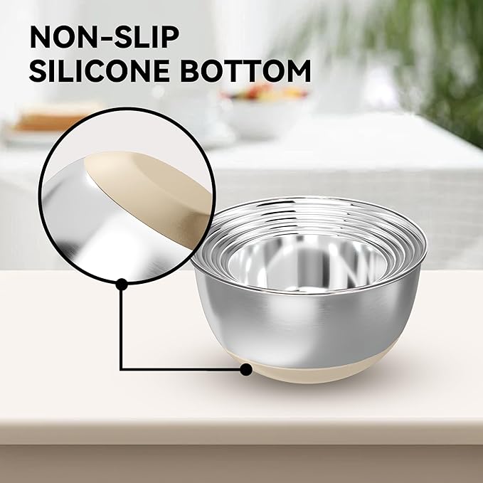 KITEISCAT Stainless Steel Mixing Bowls with Lids – Set of 5 Large Nesting Metal Bowls for Kitchen, Baking, Cooking, Food Prep & Storage, Non-Slip Base, Dishwasher Safe,Khaki - Image 6