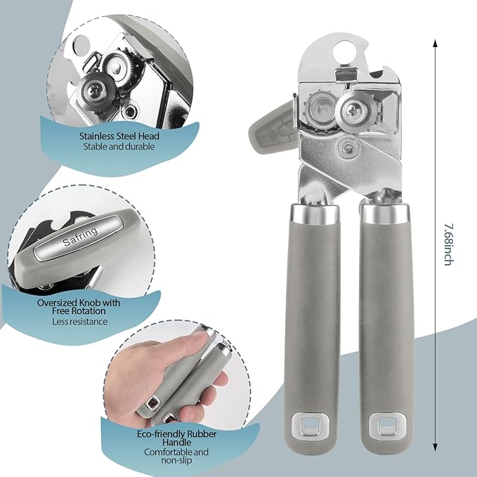 Safring Can Opener Manual, Heavy Duty Handheld Strong Can Opener with Soft Touch Handle, Sharp Blade Smooth Edge, Can Openers with Multifunctional Bottle Opener, Gray - Image 2