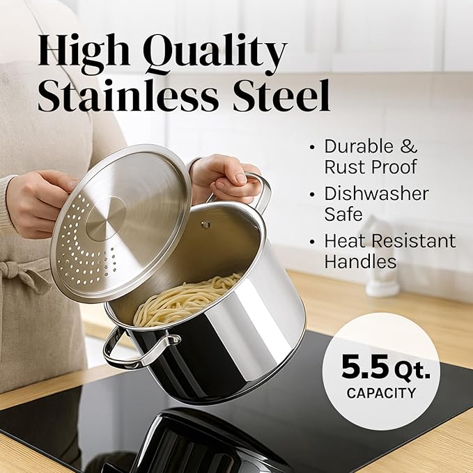 Stainless Steel Pasta Pot with Strainer Lid — 5.5 Qt Large Capacity Spaghetti Pot with Twist Lock Lid — Deep Cooking and Stock Pots for Boiling, Dishwasher Safe By Cooler Concepts - Image 6