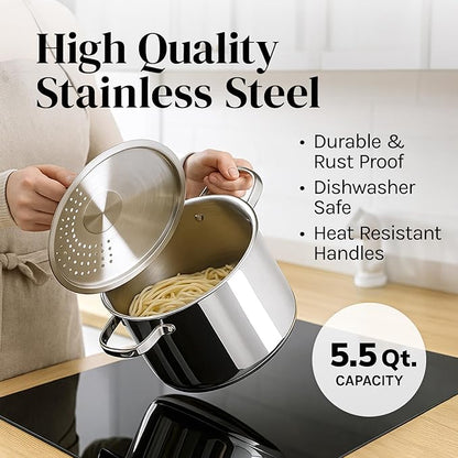 Stainless Steel Pasta Pot with Strainer Lid — 5.5 Qt Large Capacity Spaghetti Pot with Twist Lock Lid — Deep Cooking and Stock Pots for Boiling, Dishwasher Safe By Cooler Concepts - Image 6