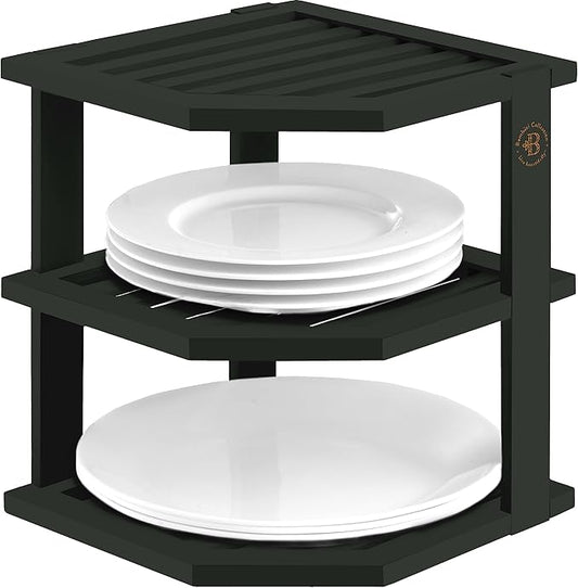 Bambüsi Plate Organizer for Cabinet - Corner Cabinet Organizer and Kitchen Cabinet Organizer Shelf, Kitchen Countertop Organizer for Plates, Dishes and Bowls, Space Saving Corner Rack, Black by Bamb%C3%BCsi