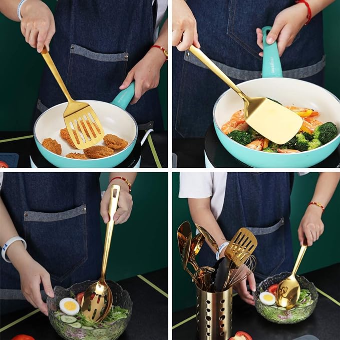 Gold Cooking Spoons, Berglander 6 Pieces Spatula Set Stainless Steel, Metal Spatula, Serving Spoon, Kitchen Tools Set Non-Stick And Heat Resistant, Dishwasher Safe, Easy to Clean (6 Packs) - Image 6