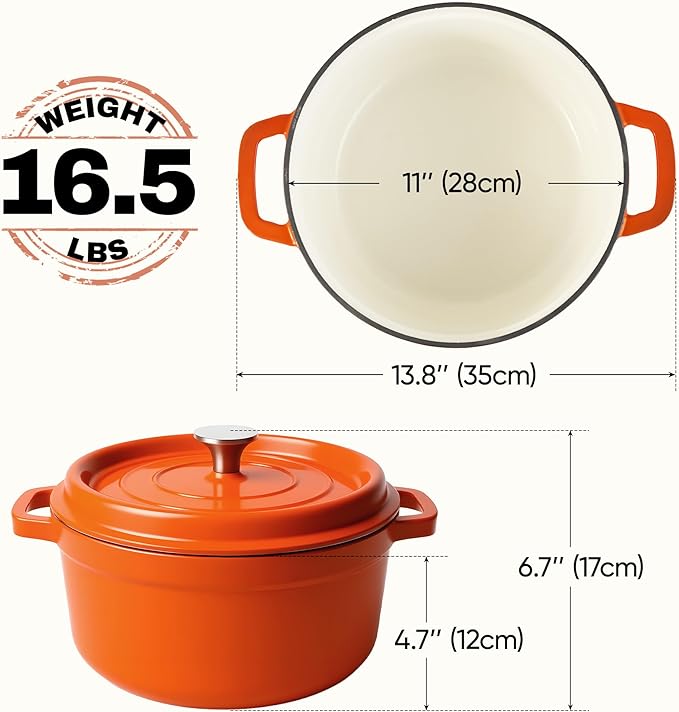 6.5 Quart Dutch Oven Pot with Lid, Non Stick Enameled Cast Iron Dutch Oven for Bread Baking, Heavy-Duty, Oven Safe Ceramic Cookware Up to 500°F for Baking, Braising, Stews, Roasting, Orange - Image 4