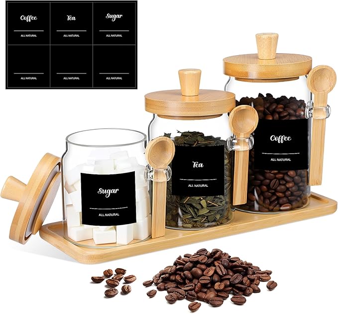Suclain 3 Pcs Glass Coffee Container with Wooden Lid Spoon Shelf Labels Clear Airtight Jar Food Storage Canister Set for Sugar Spice Coffee Bean Holder Housewarming Gift(13.5,20,25 oz,Natural Bamboo) by Suclain