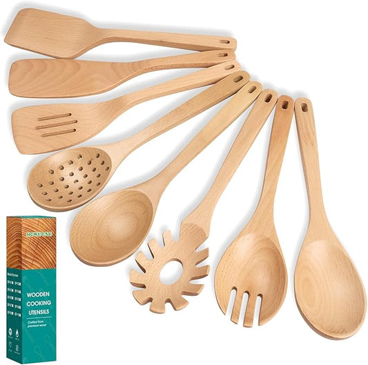 HOWHONG Wooden Spoons for Cooking, Beech Wood Kitchen Utensil Set, Premium Handmade Wooden Cooking Utensils for Nonstick Cookware, Heat Resistant, Smooth Finish, Comfortable Grip, 8 Piece by HOWHONG