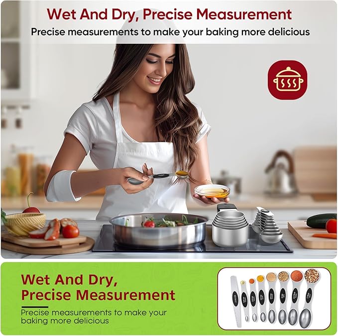 Magnetic Measuring Cups & Spoons Set|304 Stainless Steel Dual Scale Set of 15, Strong N52 Magnetic Nesting Design with Leveler, for Dry&Liquid Ingredients, Dishwasher Safe(Black) - Image 8