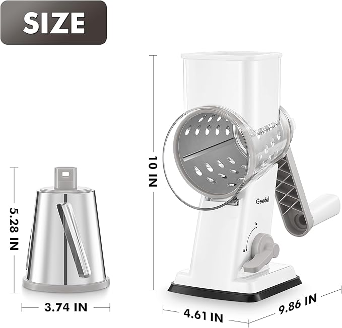 Geedel Rotary Cheese Grater - Upgraded Vegetable Shredder with 4 Interchangeable Blades, Easy to Clean Cheese Shredder with Handle, Kitchen Grater Nuts Grinder for Cutting Cheese, Vegetable, Nuts - Image 9