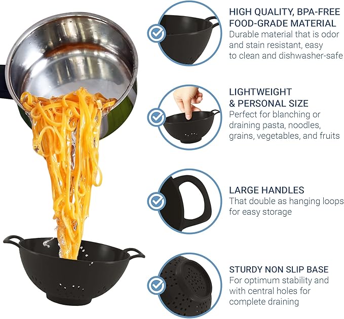 Meadow Lane 6-inch Small Colander, BPA-Free, Dishwasher Safe, Double Handles, Compact Food Strainer for Berries, Veggies and Pasta, 3-Cup Capacity, Glossy Black - Image 5