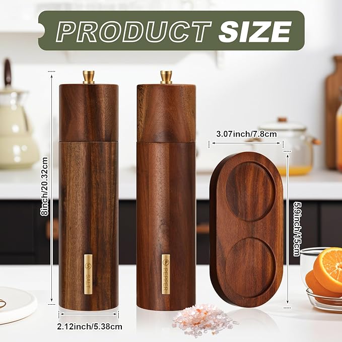 Wooden Salt and Pepper Grinder Set 8 Inch Manual Salt and Pepper Mill with Tray Adjustable Coarseness Refillable Wood Grinders with Gold Bottle Label for Kitchen Christmas Home Gift(Wood Color) - Image 2