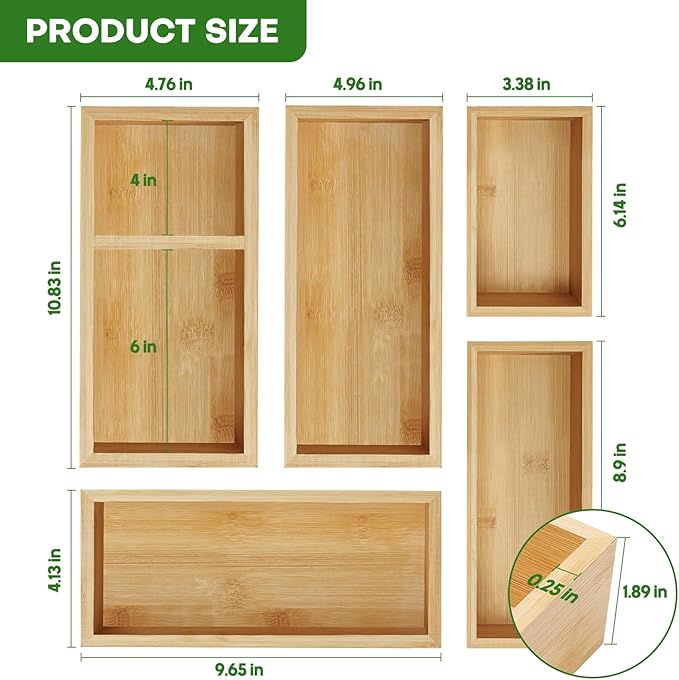 Bamboo Drawer Organizer Set, 5 PCS Multi-Use Individual Wood Storage Organizers, Junk Drawer Divider and Storage Trays Containers for Kitchen, Bathroom, Office Desk, Makeup, Jewelry, Utensils - Image 3