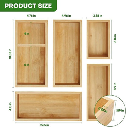 Bamboo Drawer Organizer Set, 5 PCS Multi-Use Individual Wood Storage Organizers, Junk Drawer Divider and Storage Trays Containers for Kitchen, Bathroom, Office Desk, Makeup, Jewelry, Utensils - Image 3