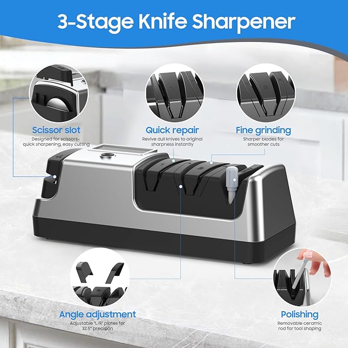 5-in-1 Electric Knife Sharpener for Kitchen Knives, with 100% Diamond Abrasives, 3 Adjustable Speeds, Quickly Sharpening for Straight/Serrated/Kitchen Knives, Scissors - Image 4
