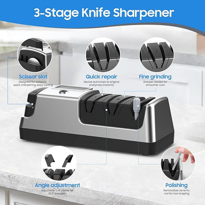 5-in-1 Electric Knife Sharpener for Kitchen Knives, with 100% Diamond Abrasives, 3 Adjustable Speeds, Quickly Sharpening for Straight/Serrated/Kitchen Knives, Scissors - Image 4
