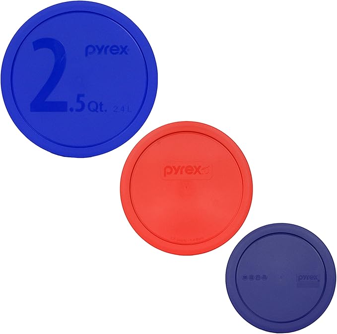 Pyrex (1) 325-PC Blue 2.5Qt, (1) 323-PC Red 1.5Qt (1) 322-PC Blue 1Qt Mixing Bowl Lids - Made in the USA