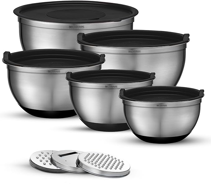 Belwares Mixing Bowls with Lids Set of 5 - Stainless Steel Mixing Bowl Set, Kitchen Nesting Metal Bowls with Non Slip Bottoms + 3 Grater Attachments, Airtight Lids, Food Prep + Storage, Matte Black - Image 9