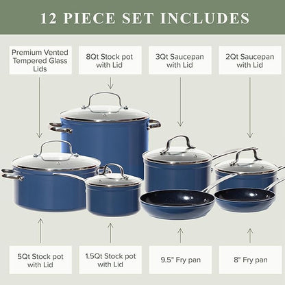 Nuwave Healthy Duralon Blue Ceramic Nonstick 12pc Cookware Set,Diamond Infused Scratch-Resistant,PFAS Free,Dishwasher & Oven Safe,Induction Ready & Evenly Heats, Tempered Glass Lids, Stay-Cool Handles - Image 7