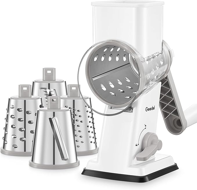 Geedel Rotary Cheese Grater - Upgraded Vegetable Shredder with 4 Interchangeable Blades, Easy to Clean Cheese Shredder with Handle, Kitchen Grater Nuts Grinder for Cutting Cheese, Vegetable, Nuts by Geedel
