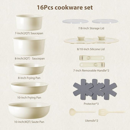 Pots and Pans Non Stick,16Pcs Ceramic Nonstick Cookware Sets, Induction Kitchen tagines Set with Removable Handle, Cooking Frying Pans & Saucepans(PFOA Free), Oven/Dishwasher/Fridge Safe, Space Saving - Image 3