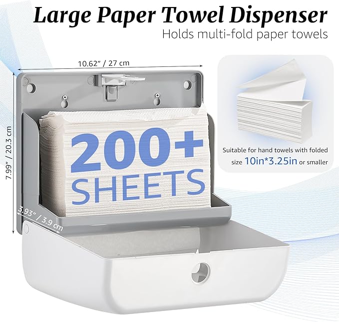Paper Towel Dispenser Wall Mount - Adhesive Paper Towel Holder for Bathroom, Multi-fold/Trifold/Z Fold, 210 Sheets Large Capacity for Compact Home, Apartment & RV - Image 3