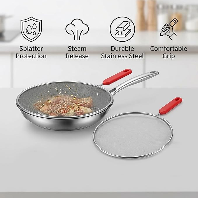 Splash Guard for Frying Pan, Frying Pan Screen Splatter Guard Set of 2, Stainless Steel Oil Splatter Screen for Frying Pans, Kitchen Cooking Protection, Splatter Guard with Heat Resistant Handles - Image 3