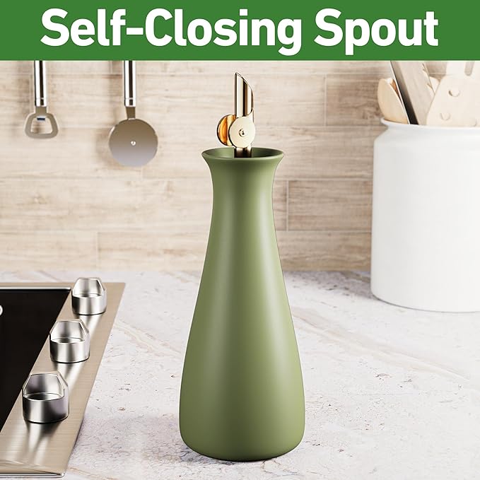 Ceramic Olive Oil Dispenser with Self-Closing Gold Spout - 530 ML Capacity Matte Green Ceramic Oil Dispenser for Kitchen - Leak Proof EVOO Dispensing Bottle - Stylish, Ergonomic, Durable, Easy Pour - Image 3