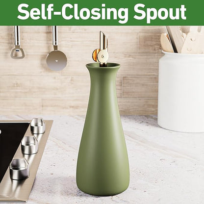 Ceramic Olive Oil Dispenser with Self-Closing Gold Spout - 530 ML Capacity Matte Green Ceramic Oil Dispenser for Kitchen - Leak Proof EVOO Dispensing Bottle - Stylish, Ergonomic, Durable, Easy Pour - Image 3