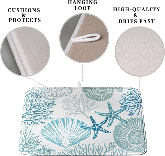 Summer Blue Dish Drying Mat for Kitchen Counter Nautical Coastal Teal Dishes Drainer Mats Beach Coral Seashell Starfish Ocean Absorbent Microfiber Dish Draining Pad 16x18 Inch - Image 3