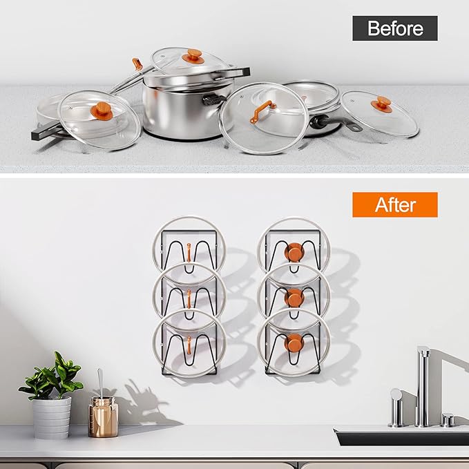 Durmmur 2 Pack Pot Lid Organizer Rack, 6-Tier Pot Lids Holder for Cabinet Door/Wall, No Drilling Adhesive Wall/Door Mounted Rustproof Pot and Pan Cover for Kitchen Storage, Classic Black - Image 8