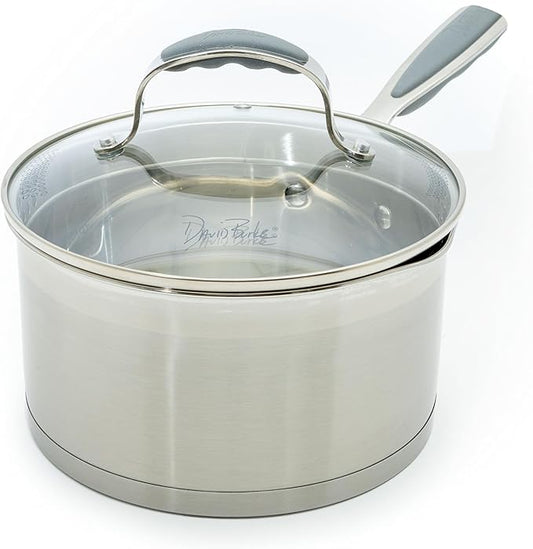 David Burke Gourmet Pro Stature Stainless Steel 3.5-Qt Sauce pan with Glass Straining Lid and Pour Spouts, EZ-Grip Riveted Handles for Durability and Control, Oven Safe - Brushed Gray