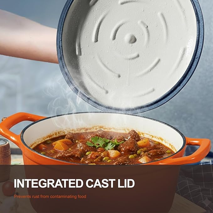Overmont Enameled Cast Iron Dutch Oven - 5.5QT Pot with Wide Handles Lid Cookbook & Cotton Potholders - Heavy-Duty Pre-Seasoned Cookware Oven Safe to 500°F for Braising, Stews, Roasting, Sourdough Baking - Image 2