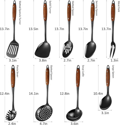 304 Stainless Steel Cooking Utensils Set,9PCS Metal Kitchen Utensils Set with Wooden Handle,Solid Spoon,Spatula,Ladle,Skimmer,Spaghetti Spoon,Dishwasher Safe(Black) - Image 2