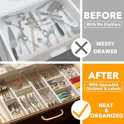 SpaceAid Bamboo Drawer Dividers with Inserts and Labels, Kitchen Adjustable Drawer Organizers, Expandable Organization for Home, Office, Dressers, 7 Dividers with 15 Inserts (17"-22" White) - Image 2
