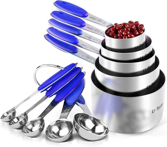Measuring Cups : U-Taste 18/8 Stainless Steel Measuring Cups and Spoons Set of 10 Piece, Upgraded Thickness Handle(Blue) by U-Taste