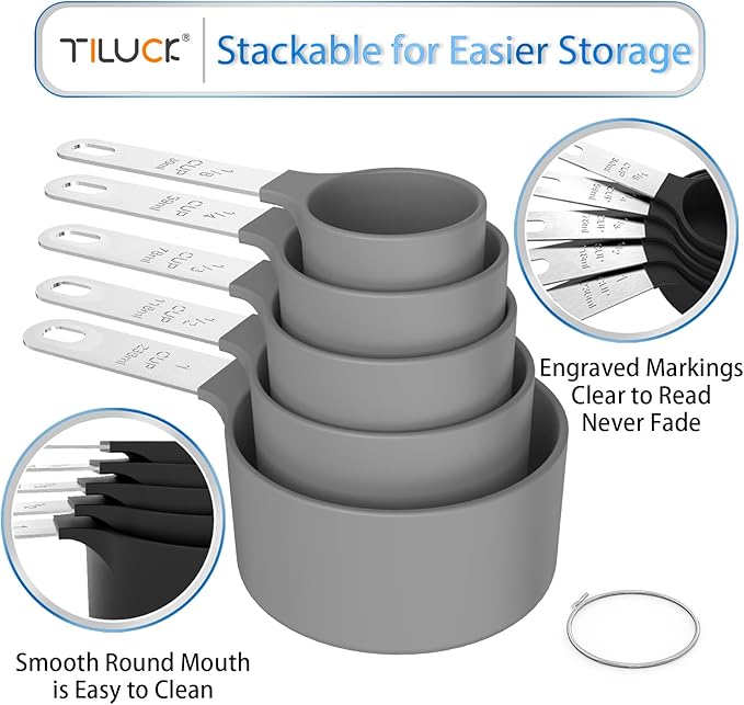 TILUCK Measuring Cups & Spoons Set, Stackable Cups and Spoons, Nesting Measure Cups with Stainless Steel Handle, Kitchen Gadgets for Cooking & Baking (Gray) - Image 4