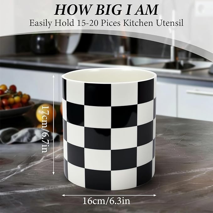 Utensil Holder for Kitchen Counter 7.2" Ceramic Utensil Holder Deep and Stable ,Kitchen Utensil Organizer, Modern Checkered Utensil Holder for Decor