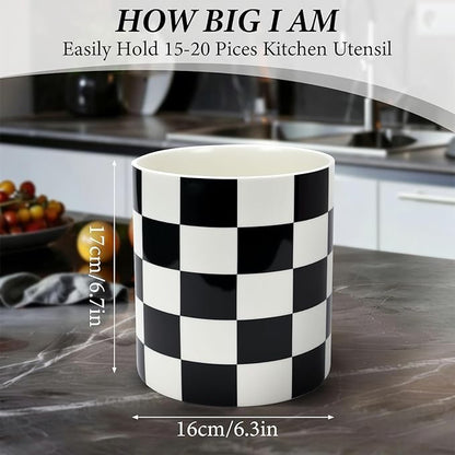 Utensil Holder for Kitchen Counter 7.2" Ceramic Utensil Holder Deep and Stable ,Kitchen Utensil Organizer, Modern Checkered Utensil Holder for Decor