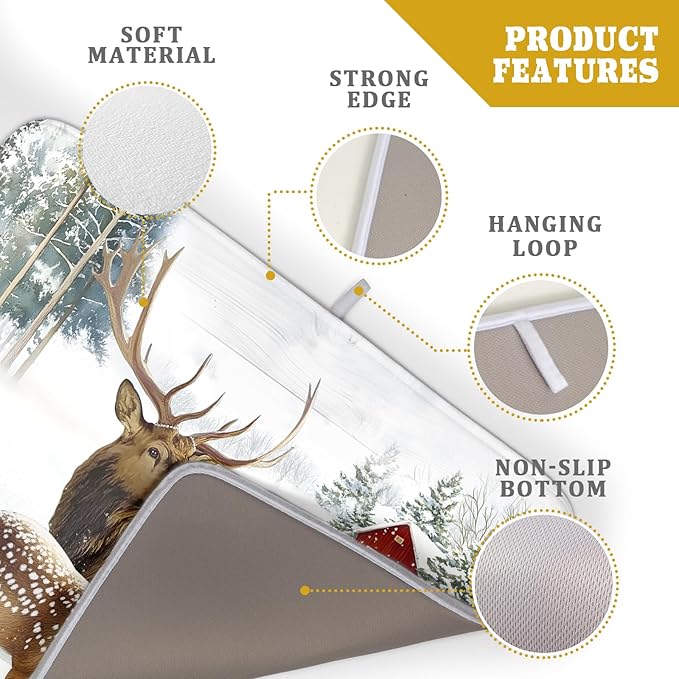 Giwawa Winter Deer Dish Drying Mat 18"x24" Xmas Tree Bird Holly Berry Dish Drainer Mats Elk Moose Snow Cottage Farmhouse Reversible Large Dish Drying Pad Protector for Kitchen Countertop Decor