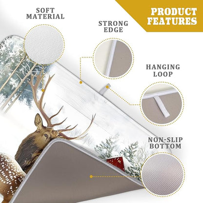 Giwawa Winter Deer Dish Drying Mat 18"x24" Xmas Tree Bird Holly Berry Dish Drainer Mats Elk Moose Snow Cottage Farmhouse Reversible Large Dish Drying Pad Protector for Kitchen Countertop Decor