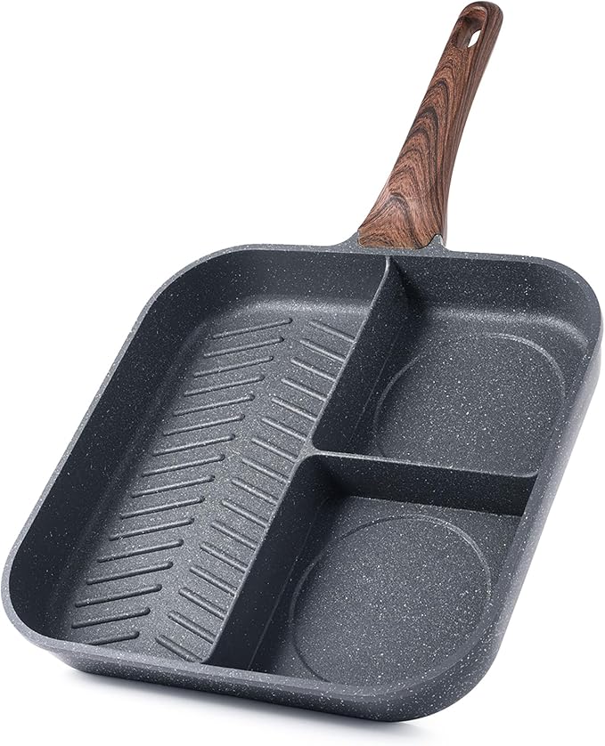 Sensarte Nonstick 11-Inch Square Grill Pan, 3-Section Versatile Breakfast Skillet, Die-cast Aluminum, PFOA, PFOS, APEO Free, Induction, Gas, Electric, Glass, Ceramic by SENSARTE