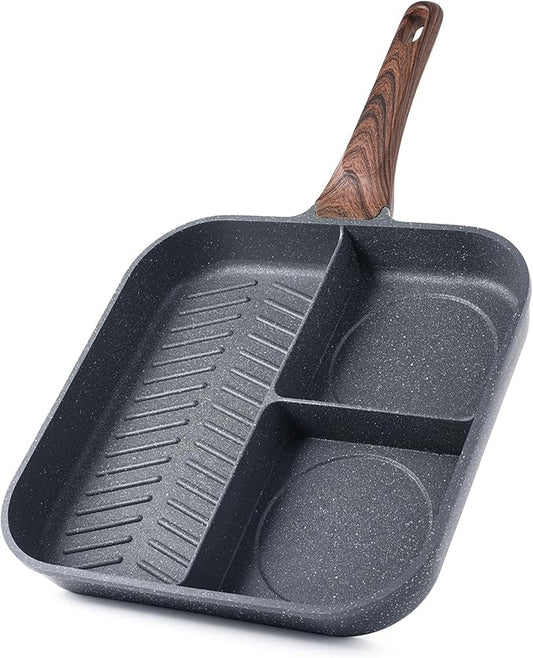 Sensarte Nonstick 11-Inch Square Grill Pan, 3-Section Versatile Breakfast Skillet, Die-cast Aluminum, PFOA, PFOS, APEO Free, Induction, Gas, Electric, Glass, Ceramic by SENSARTE