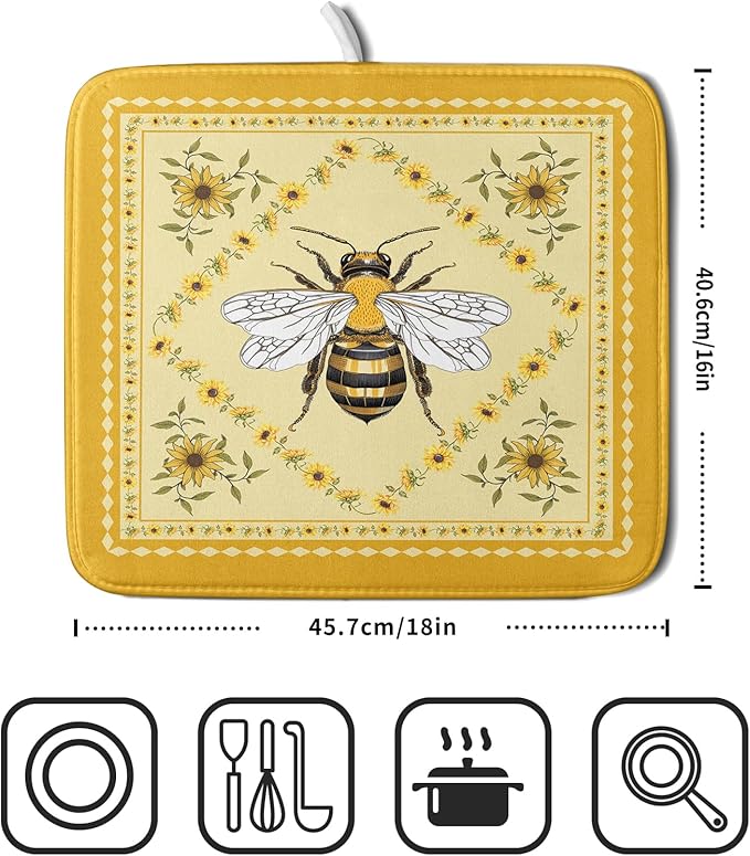 Giwawa Sunflower Bee Dish Drying Mat, Summer Rustic Sunshine Floral Dish Drainer Mats, Yellow Farmhouse Absorbent Reversible Small Dish Drying Pad Decor for Kitchen Countertop, 16x18inches