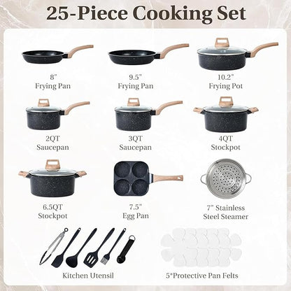 25 Pcs Pots and Pans Set, Nonstick & Non-Toxic Healthy Pots and Pans, Heat-Resistant Handles, Induction Cookware Sets with Frying Pans, Black