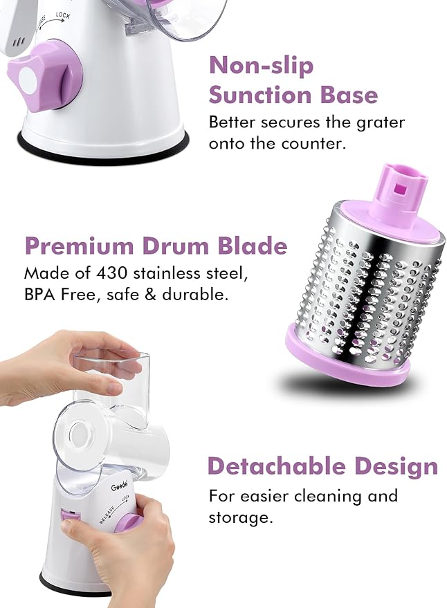 Geedel Rotary Cheese Grater, Kitchen Mandoline Vegetable Slicer with 3 Interchangeable Blades, Easy to Clean Rotary Grater Slicer for Fruit, Vegetables, Nuts - Image 7