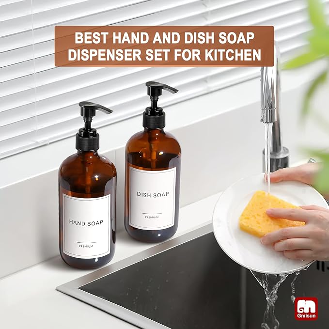 GMISUN Amber Glass Soap Dispenser, 2 Pack Bathroom Hand Soap Dispensers with Plastic Pump, 17 Fl Oz Kitchen Hand and Dish Soap Dispenser Set, Modern Vintage Liquid Brown Soap Dispensers Bottle - Image 6