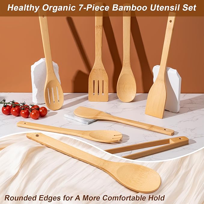 Eisinly Wooden Spoons for Cooking 7-Piece, Kitchen Nonstick Bamboo Cooking Utensils Set, Durability Wooden Spatula Spoon for Everyday Use, Smooth Edge - Image 3
