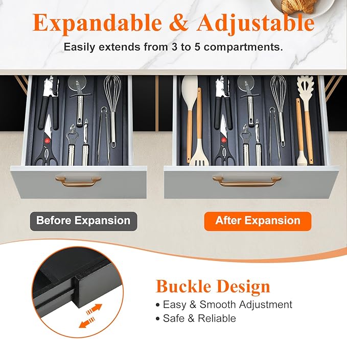 Expandable Large Kitchen Utensil Drawer Organizer Storage Black Bamboo Silverware Organizers Tray Divider Adjustable Spoon Flatware Organizer Wood Cutlery Tray Cooking Utensils Tool Holder Drawer - Image 4