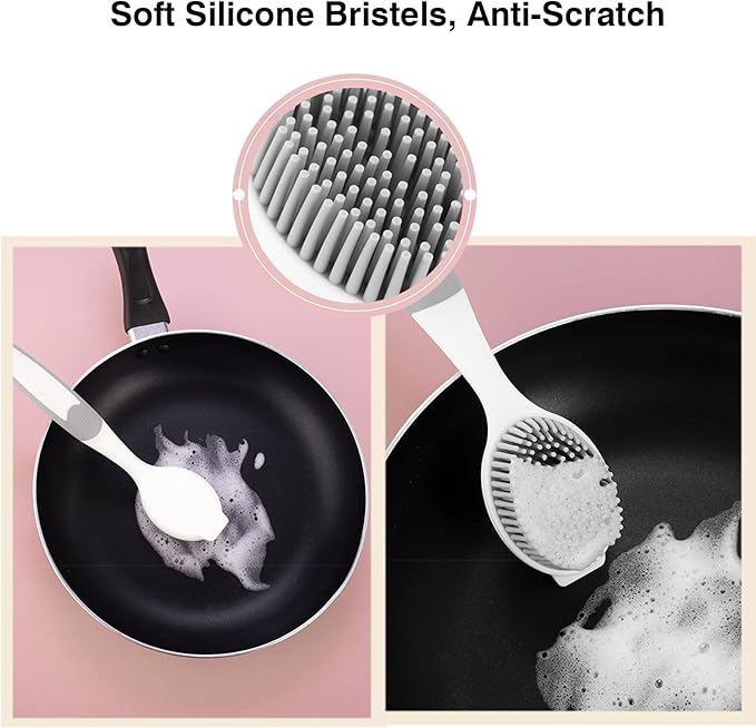 Dish Scrubber, Silicone Soft Bristles Scrub Brush with Scraper Tip, Comfortable Grip Brushes for Kitchen Sink, Pans, Pots, Skillet, Vegetable, Fruit, Potato Cleaning (White/Grey) - Image 5